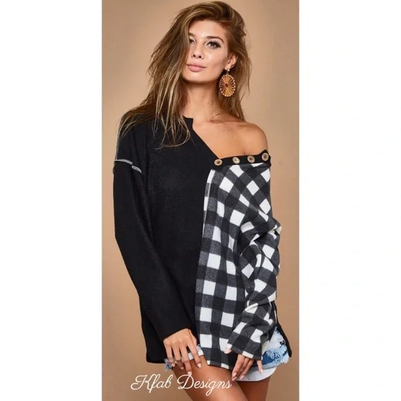 BiBi V-Neck Brushed Knit Dropped Shoulder Plaid Color Block PulloverTop Black - Picture 7 of 16